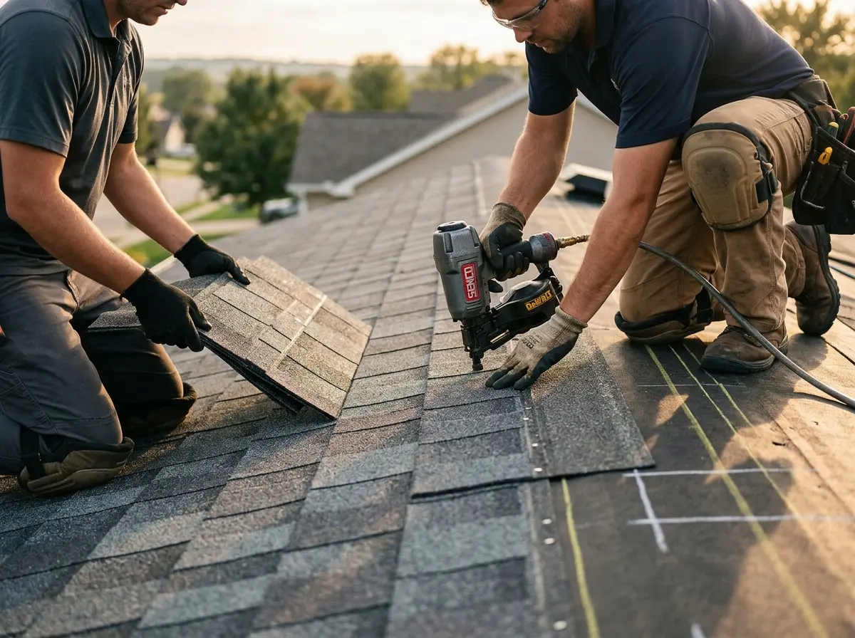 Professional roofer working on a residential roof in North Olmsted